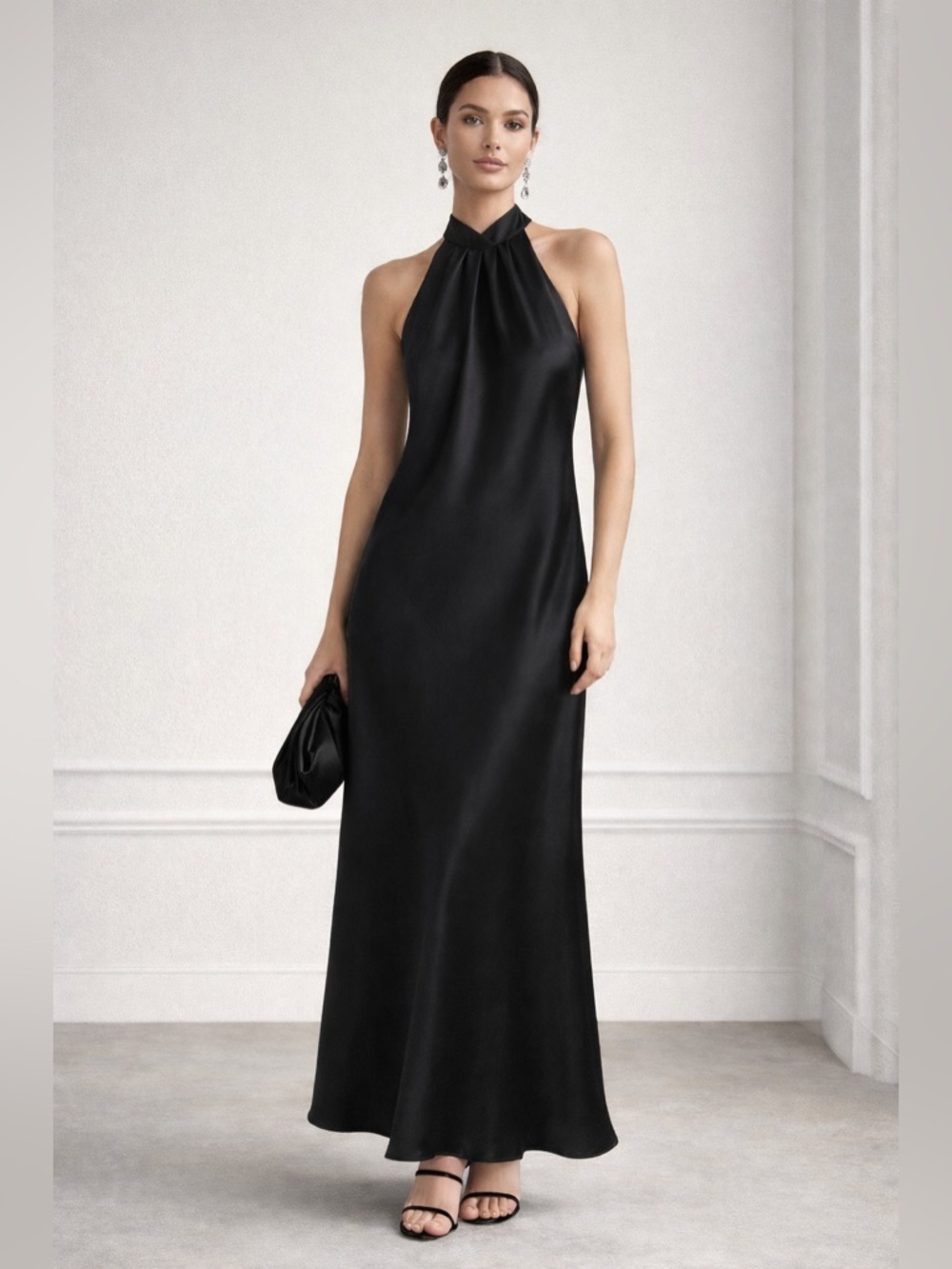 Zara Black Satin Halter Neck Maxi Dress